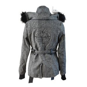 Ecko Red Tweed Coat Black Detachable Hood Fur Warm Winter Womens Medium